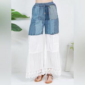 Blue and White Patchwork Wide-Leg Pants